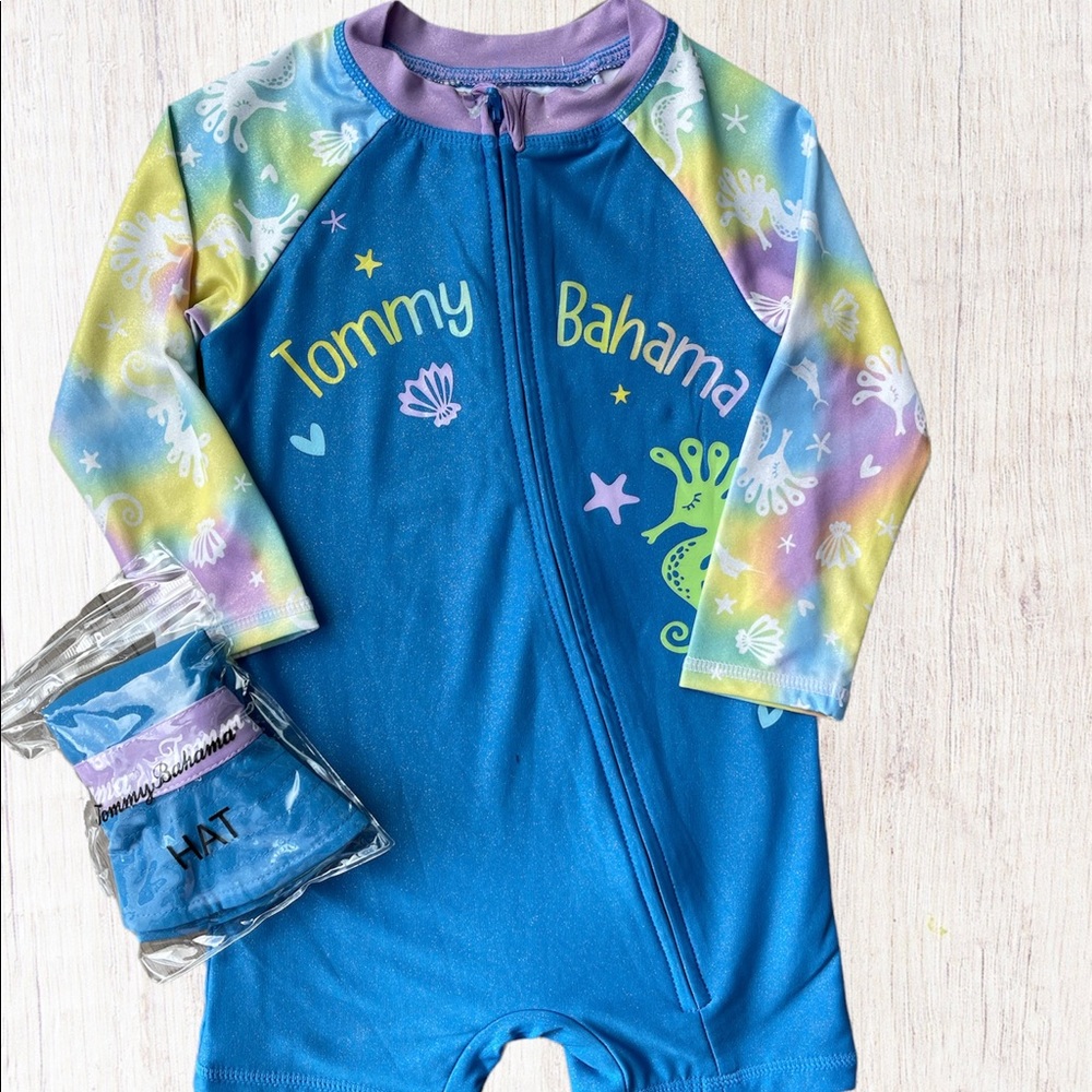 12-18M Girl Tommy Bahama One Piece Swimsuit with Long Sleeves and Hat